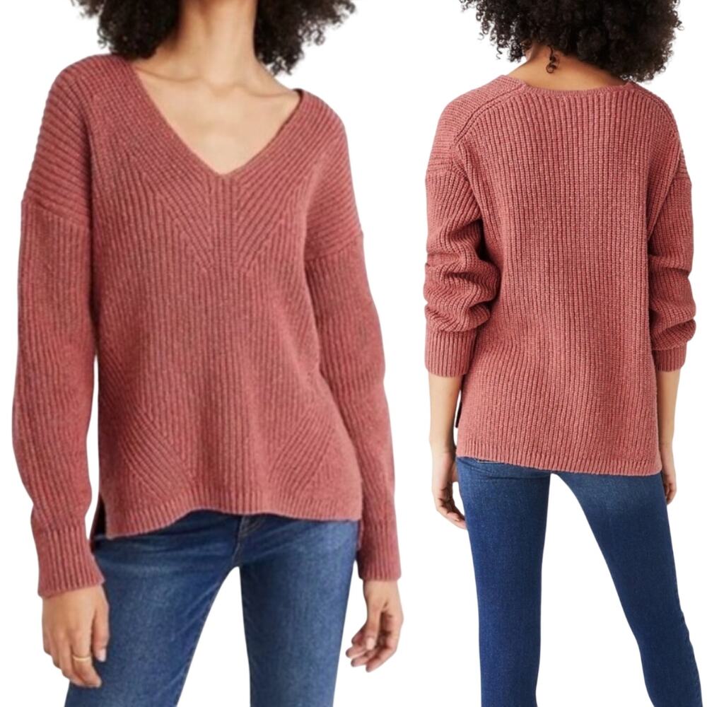Madewell Ridgeton Pullover Sweater Cotton V Neck Ribbed Long Sleeve Orange Small